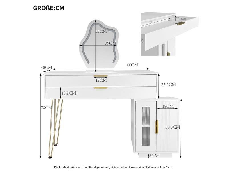  Coiffeuse avec miroir led à 3 modes, 2 grands tiroirs et caisson coulissant, pour chambre, blanc, 100 × 40 × 78 cm  - Conforama E