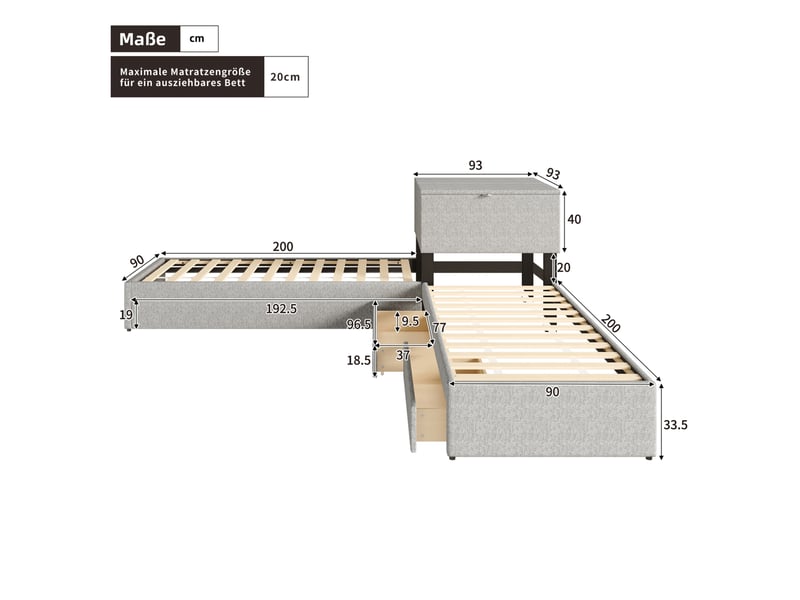  Lit gigogne 90x200 cm avec rangement en lin gris  - Conforama E