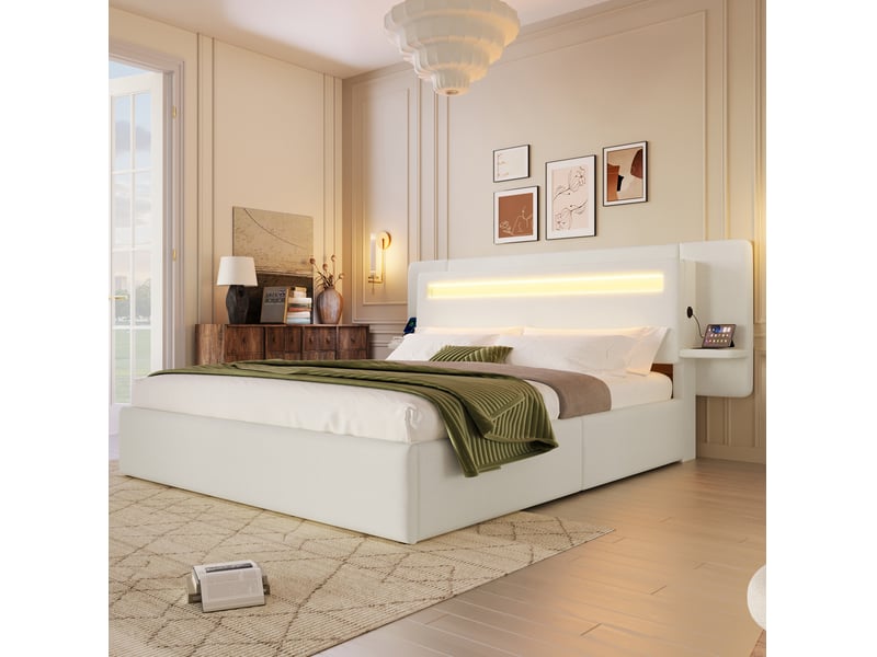  Lit coffre modenvie 140 x 200 cm avec rangement hydraulique, tête de lit led multicolore, table de chevet intégrée et usb, beige  - Conforama E