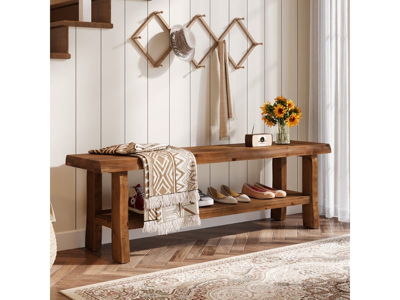  Banc de rangement pour chaussures en bois massif, banc d'entrée de 140 cm avec étagère inférieure, banc de style ferme pour bout de lit, chambre, salon, couloir ou vestibule  - Conforama E