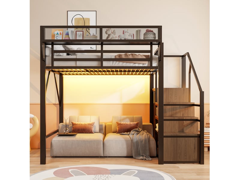  Lit mezzanine 140x200 cm en métal avec led, échelle de sécurité et étagères, noir  - Conforama B
