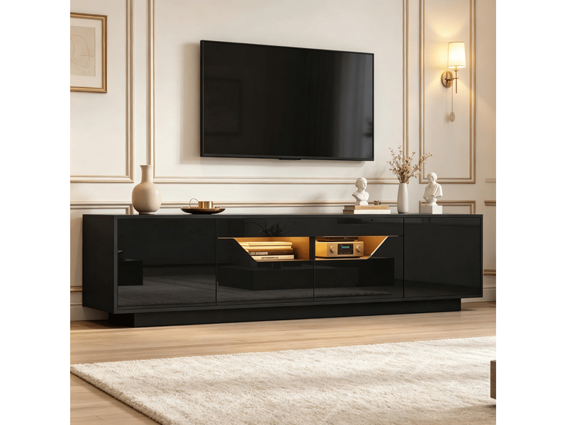 Meuble tv led avec 2 portes, 2 tiroirs et 2 niches semi-ouvertes, finition brillante, pour salon, 180 × 40 × 45 cm - Conforama B