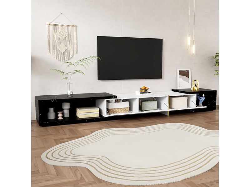 Meuble tv 140x40x30 cm modulable motif marbre avec 3 portes, blanc et noir - Conforama B