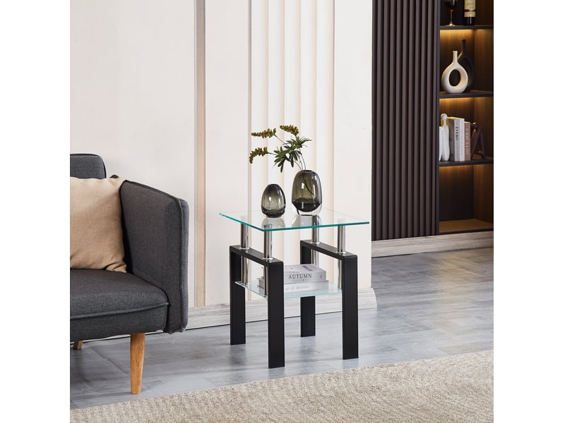 Table basse en verre trempé 50,5x50,5x23 cm – transparent – double plateau, pieds noirs, style moderne - Conforama C