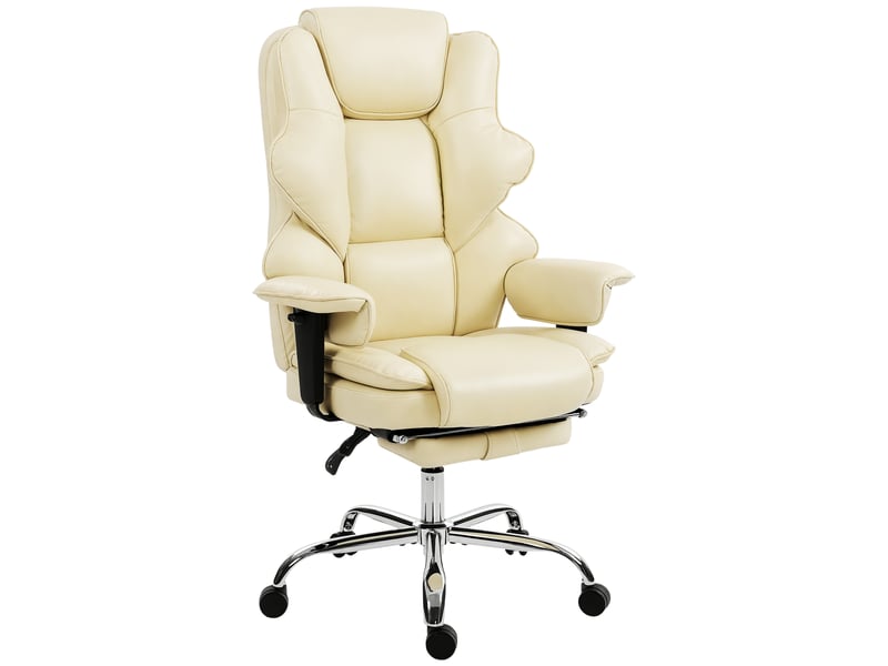  Chaise de bureau avec repose-pieds et appui-tête, cuir pu, mousse et métal, 76 x 73 x 117-125 cm, blanc crème  - Conforama E