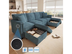 Canapé modulable 4 places 261x134x82 cm, configuration en u ou l, 2 poufs coffres amovibles, usb et usb-c, chenille, bleu
