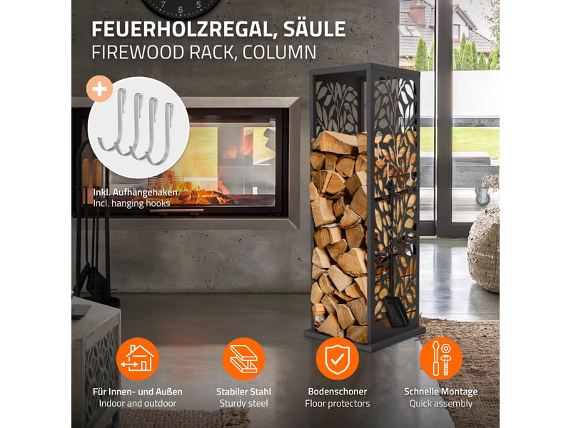  Ml-design range-bûches vertical en acier galvanisé 37,5 x 37,5 x 112 cm, intérieur et extérieur, motif de feuilles, support colonne rangement bois de chauffage cheminée, 4 crochets, anthracite mat ECD Germany GmbH - Conforama B