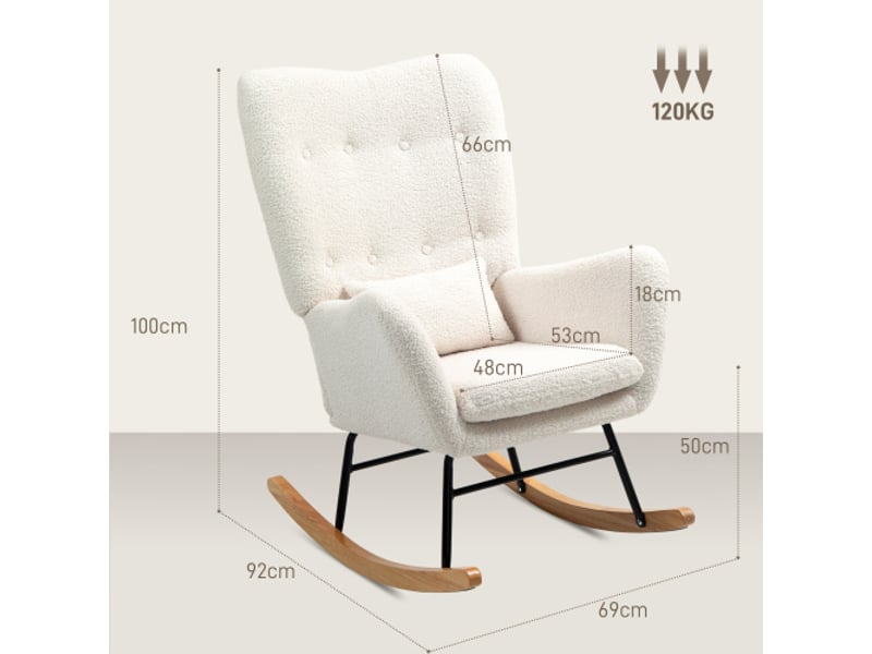 Fauteuil à bascule crème en tissu teddy, accoudoirs, coussin lombaire et patins en bois  - Conforama C