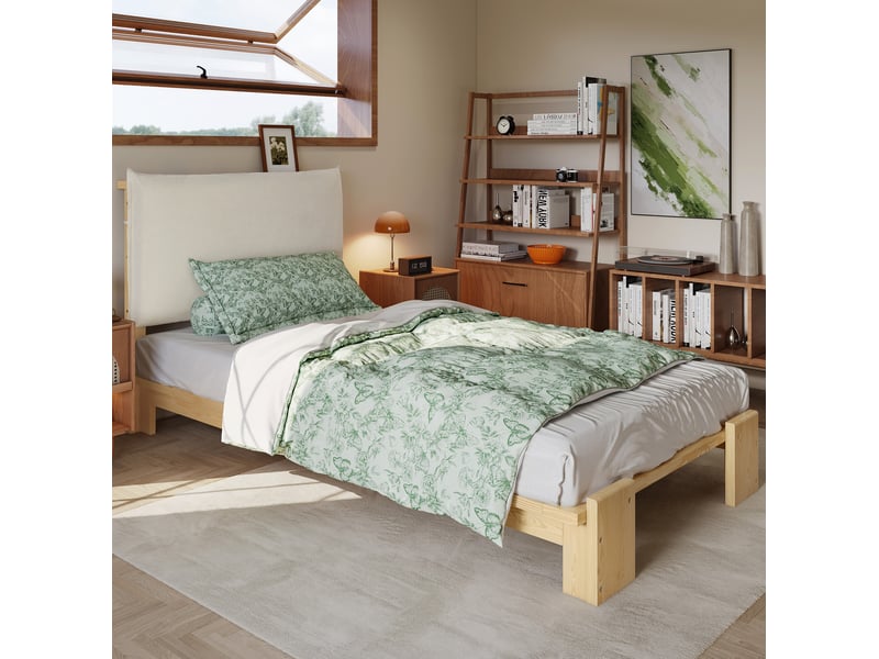  Lit 90x200 cm avec dossier confortable, lattes stables et pieds larges en bois naturel sans matelas  - Conforama E
