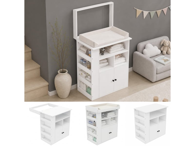  Commode à langer 2 en 1, 82x50x100 cm, meuble à langer avec rangements, mdf, blanc, sans matelas à langer  - Conforama D