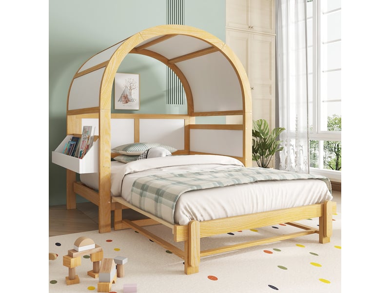  Lit gigogne 140x200 cm - lit adoenfant extensible avec lit coulissant type canapé, rangement latéral, sans matelas, pin + mdf, blanc + naturel  - Conforama E