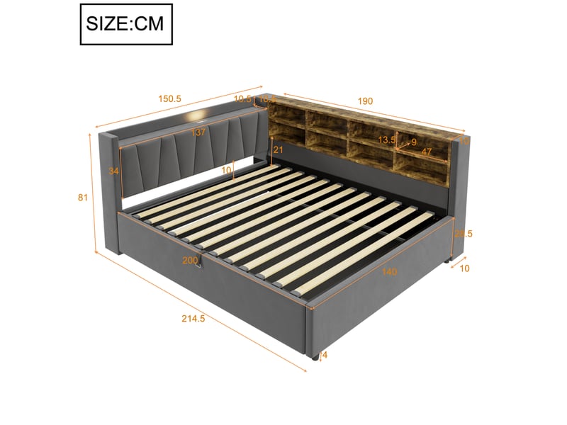  Lit coffre 140x200 cm en velours gris foncé avec veilleuse et ports usb  - Conforama C