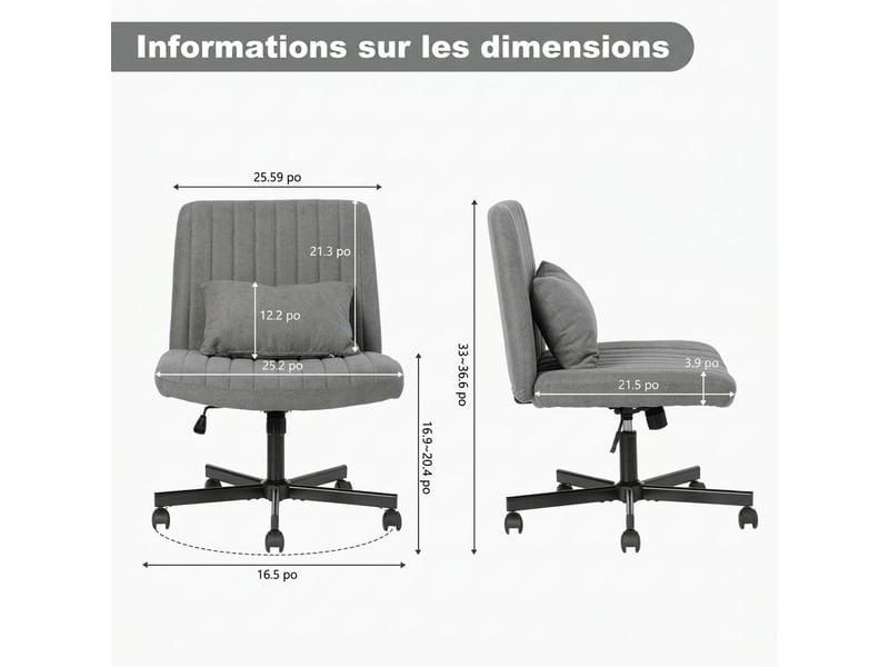  Chaise de bureau pivotante en tissu réglable en hauteur sans accoudoirs à roulettes silencieuses  - Conforama E
