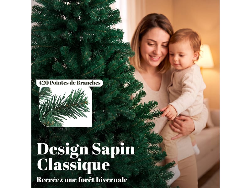  Sapin de noël artificiel 150 cm, support pliable en acier, arbre de noël avec 420 pointes de branches articulées, vert  - Conforama E