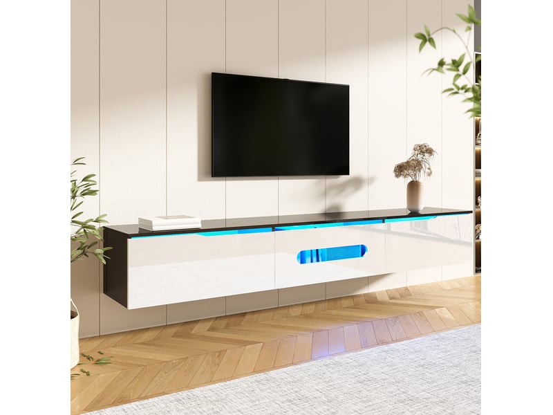  Meuble tv 180x35x30 cm avec led 16 couleurs contrôlée par application, mdf noir et blanc  - Conforama D