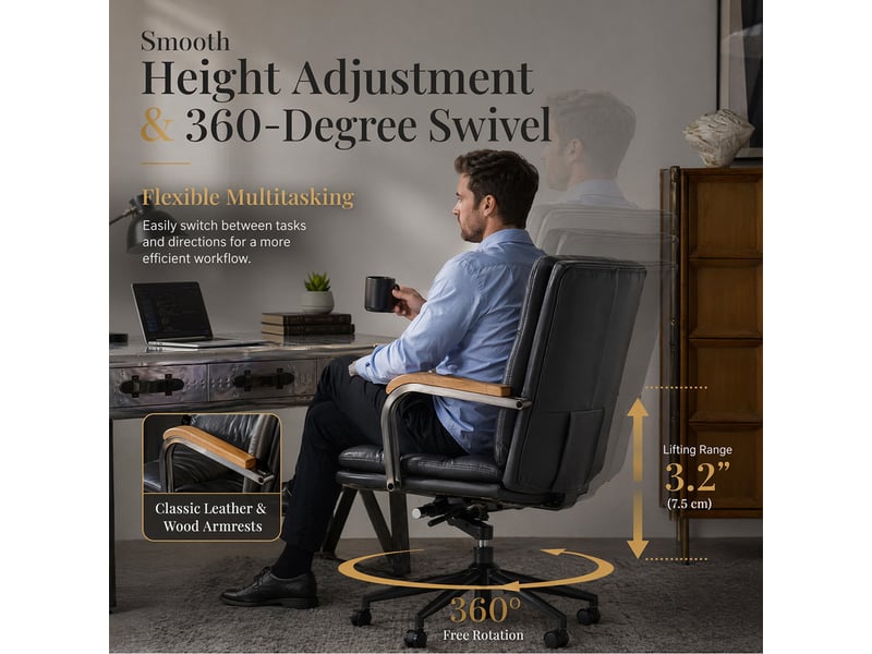 Chaise de bureau en cuir noir ergonomique réglable en hauteur avec accoudoirs en chêne et roulettes - Conforama D