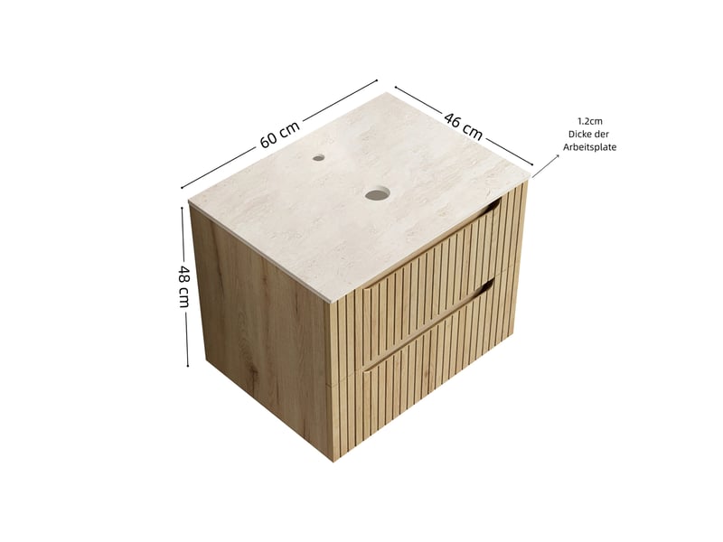  Meuble sous vasque 2 tiroirs, sans vasque, plan effet travertin en pierre frittée, chêne clair 59,5 × 45,5 × 48 cm  - Conforama C