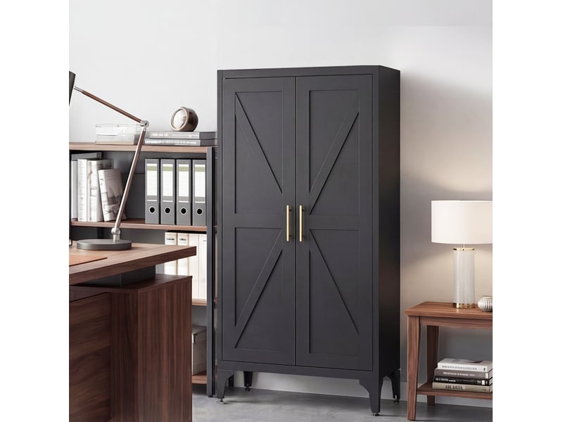  Buffet haut de rangement 60x30x120 cm, avec 2 portes en métal, style contemporain, meuble de rangement, coloris noir  - Conforama D