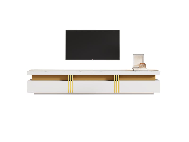  Meuble tv moderne effet marbre 200x40x42 cm avec 3 tiroirs et gestion des câbles pour tv jusqu'à 90 pouces  - Conforama A