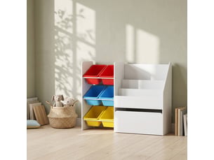 Meuble rangement enfant rangement jouets enfant 6 bacs amovibles et grand coffre à roulettes multicolore 100x30x80cm