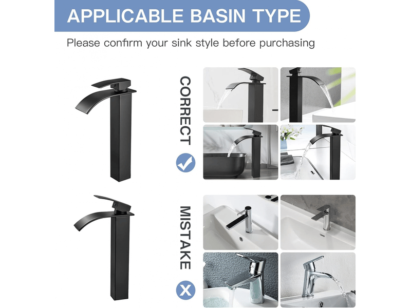  Robinet de lavabo moderne à haute cascade, design élégant, robinet de lavabo à levier unique en laiton, eau chaude et froide, noir  - Conforama D