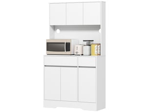 Meuble de cuisine avec plan de travail ouvert, 6 portes, 2 tiroirs, étagères réglables, passe-câbles, panneaux de particules, blanc
