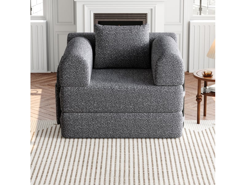  Fauteuil convertible 1 place 2 en 1 avec rangement dans l’accoudoir et structure en acier, chenille gris  - Conforama D