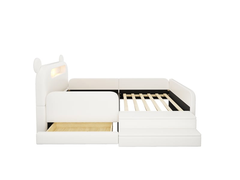 Lit enfant 90x200 cm - lit simple avec rangement intégré - tête de lit ours avec veilleuse et usb - similicuir - blanc - Conforama W