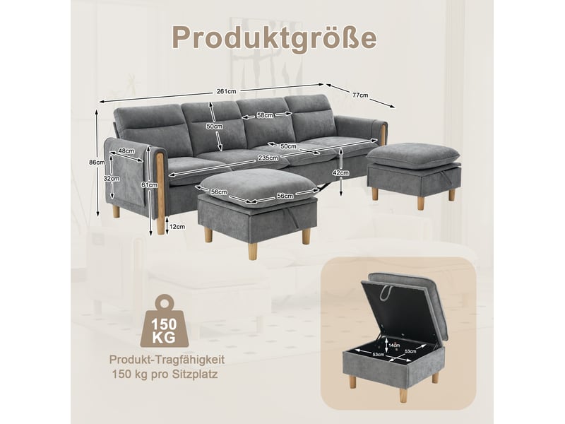  Canapé modulable modenvie 4 places avec deux poufs de rangement en chenille gris clair 261 x 77 x 86 cm  - Conforama C