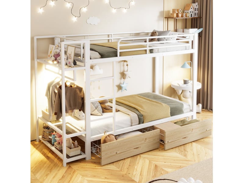 Lit superposé enfant 90 x 200 cm en métal avec led, rangements et tiroirs, blanc - Conforama B