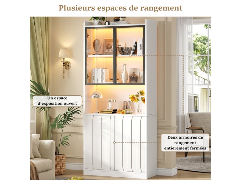 Lot de 2 vitrine blanche avec lumière led, vitrine avec portes et tiroirs, étagères de rangement, 160×35×200cm - Conforama D
