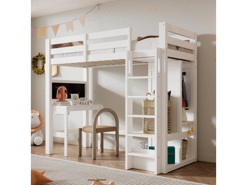  Lit mezzanine enfant 90x200 cm avec bureau, armoire ouverte et étagères, lit en bois avec barrière de sécurité et rangement - blanc (sans matelas)  - Conforama B