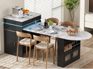 Îlot de cuisine extensible 55-194 x 80 x 95,5 cm, prises, led, portes vitrées, tiroir et roulettes, noir, en mdf robuste