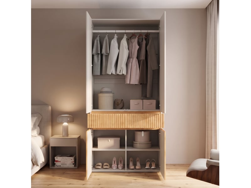  Armoire 4 portes 90x50x202 cm avec penderie et tiroir coloris chêne clair et gris  - Conforama E