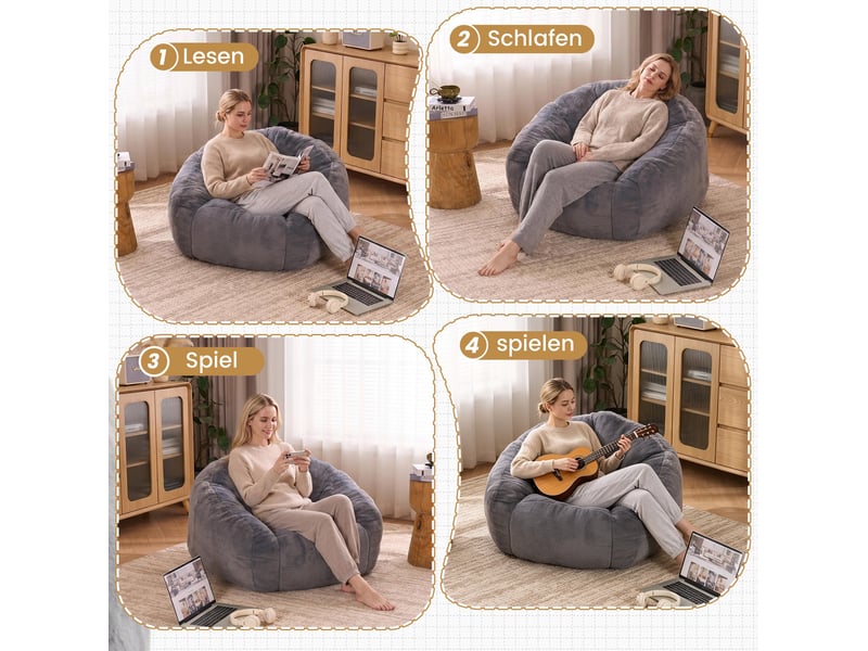 Fauteuil pouf pour adultes et enfants, soutien du dos et lombaire, rembourrage en mousse, polyester gris clair  - Conforama E