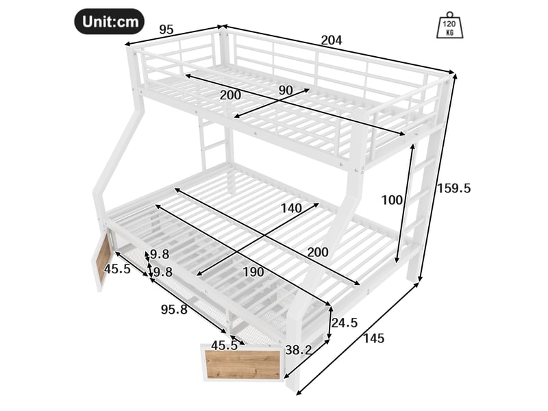  Lit 140x200cm+lit 90x200cm, lit enfant, sommier, lit superposé, structure métal, 2 portes, coloris blanc, moderne, sans matelas  - Conforama C