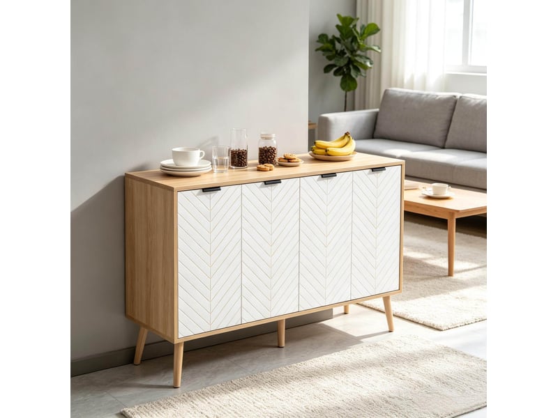 Buffet bas à 4 portes avec étagères réglables pour salle à manger en panneaux de particules blanc 120 × 35 × 77,4 cm - Conforama B
