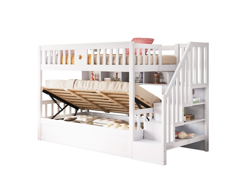 Lit superposé enfant 2 places 90x200 cm avec rangement hydraulique sous lit, escalier de rangement, étagères, garde-corps, pin massif blanc - Conforama E