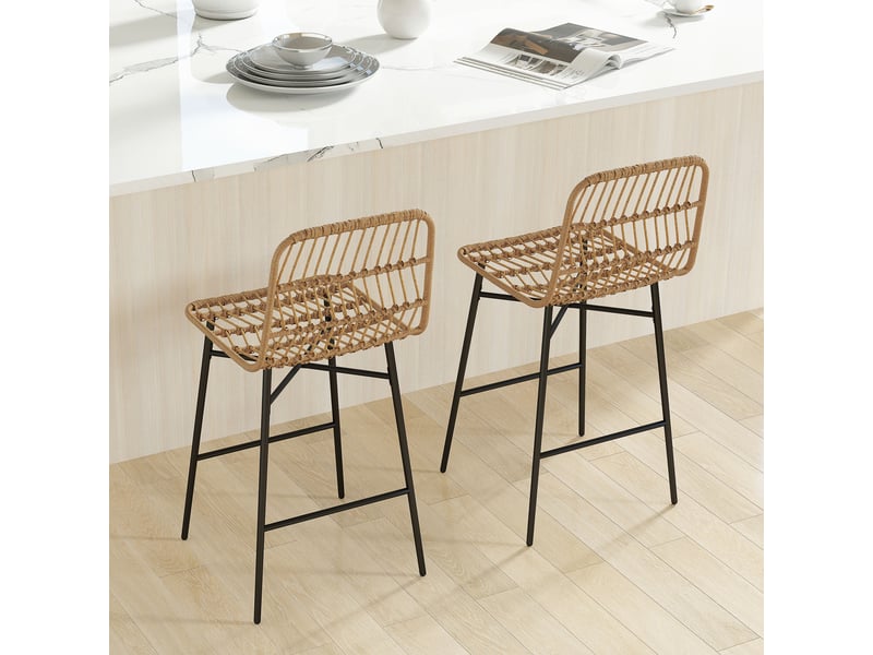  Lot de 2 tabourets de bar hauts avec dossier et assise en rotin, marron, pour cuisine, salle à manger ou bar.  - Conforama D