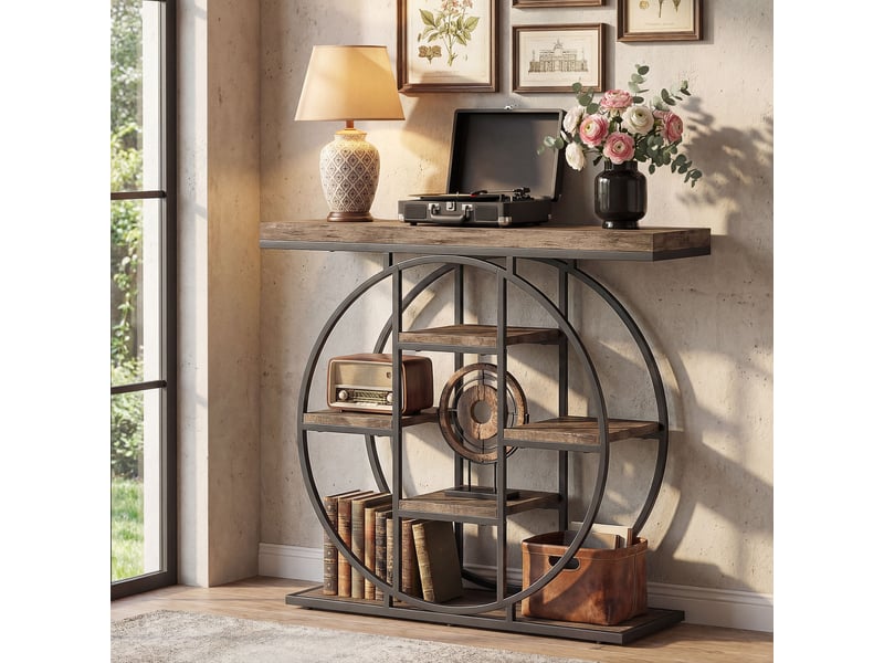  Console design industriel arrondi 5 étagères épais plateau métal noir effet bois  - Conforama B