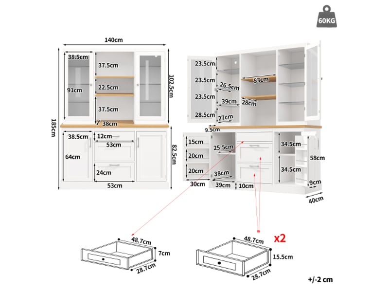  Buffet de cuisine avec led, 3 tiroirs et étagères réglables, blanc, 140x40x185 cm  - Conforama E