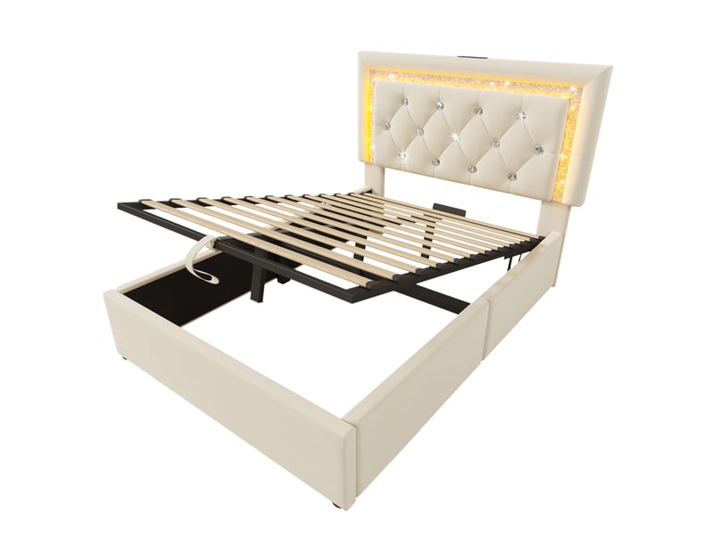  Lit simple enfant 90x200 cm – beige – coffre hydraulique, led, usbtype-c et matelas h3 25 cm inclus  - Conforama D