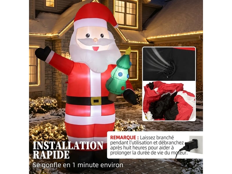  Père noël gonflable de 243 cm avec lumières led, intérieur et extérieur, matériel fixation et souffleur, rouge  - Conforama E