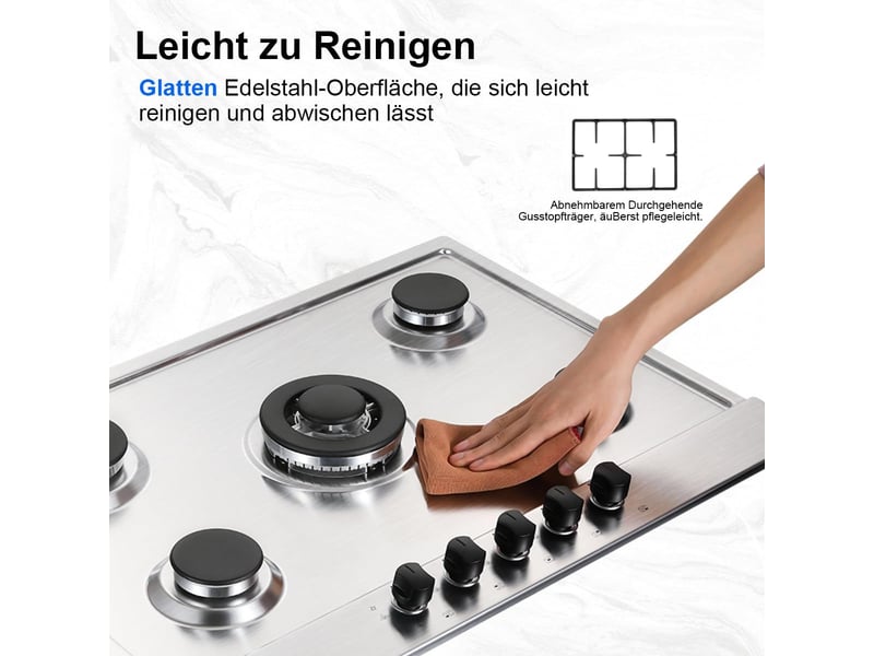  Plaque de cuisson gaz 5 feux en inox 68 cm, 10460 w, encastrable ou indépendante, double brûleur wok, gaz naturel et propane  - Conforama D