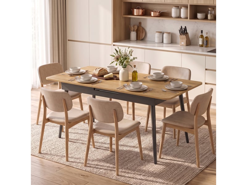  Table de salle à manger extensible 130-160 cm, table de cuisine aux angles arrondis, chêne  - Conforama C