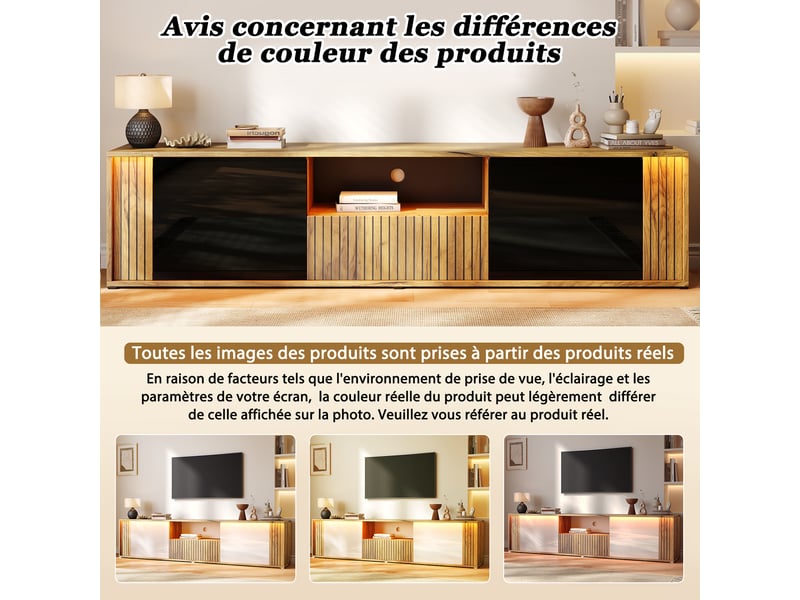  Meuble tv, avec éclairage led, rangement, aspect bois, 2 portes, 1 tiroir, noir‑bois, 180x40x51 cm  - Conforama D
