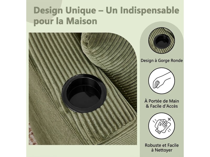 Canapé 3 places méridienne gauche design incurvé velours côtelé avec porte-gobelet vert - Conforama R