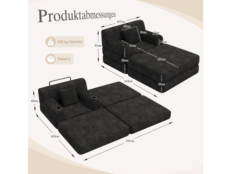  Fauteuil-lit convertible modenvie 1 place avec pouf 107 x 162 x 81 cm en velours côtelé noir  - Conforama C