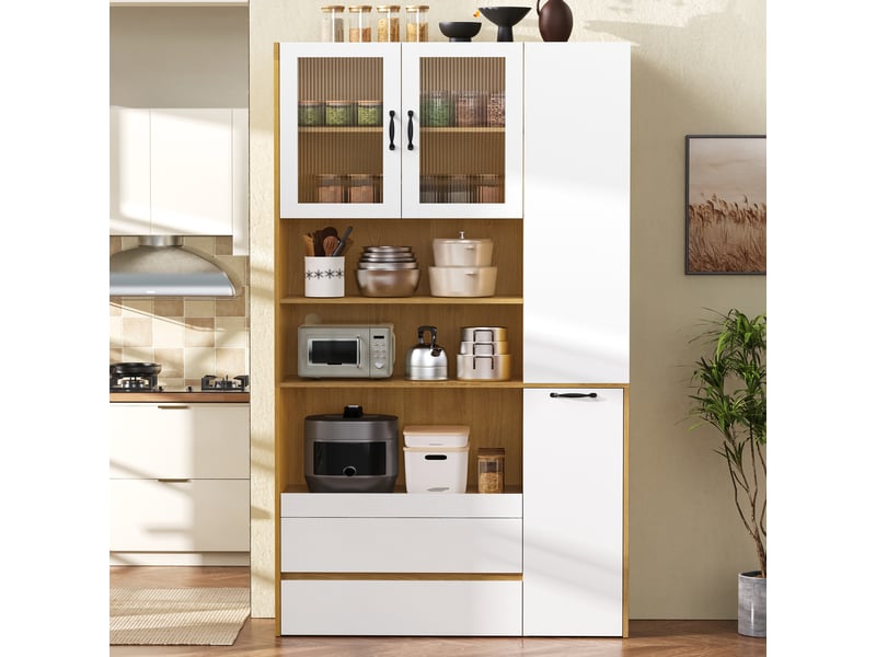 Vaisselier haut blanc et bois 200 cm, buffet avec portes en verre strié, meuble de rangement cuisine  - Conforama C