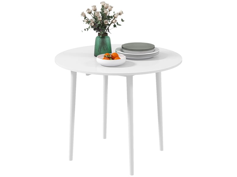  Table de salle à manger pliante 2 abattants, table ronde extensible pour 4 personnes, pieds en bois ø 89 x 73,5 cm, blanc  - Conforama B